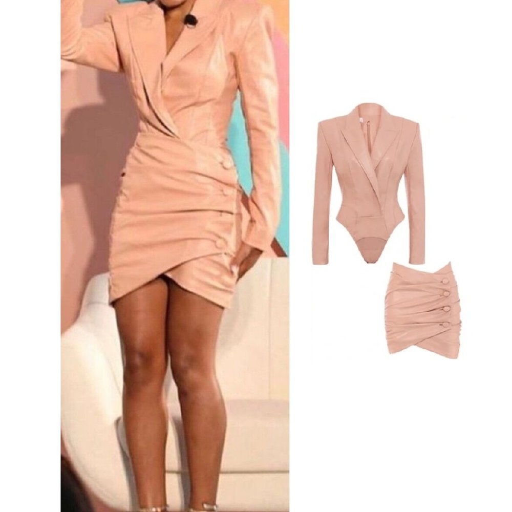 NWT HOUSE OF CB LONDON Peony Vegan Leather Suit - Bodysuit Top w/Skirt SZ XS